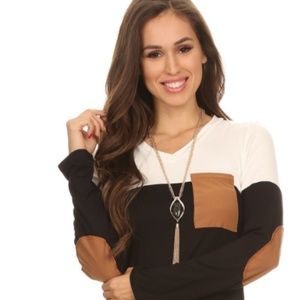 Black Top with white and faux suede patches
